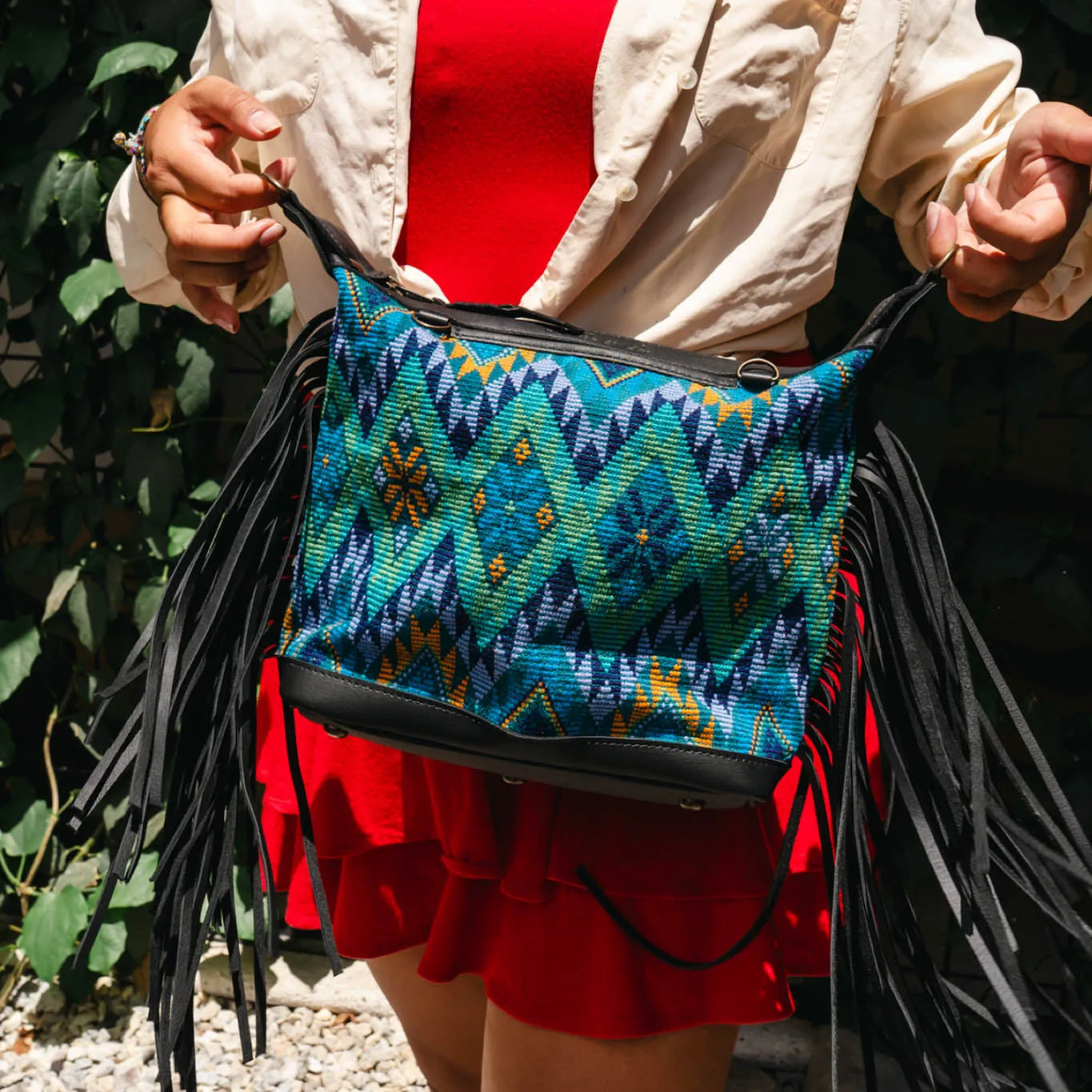 BEATRIZ MINI CDB WITH FRINGE - OOAK HUIPIL - BLACK - NO. 15892