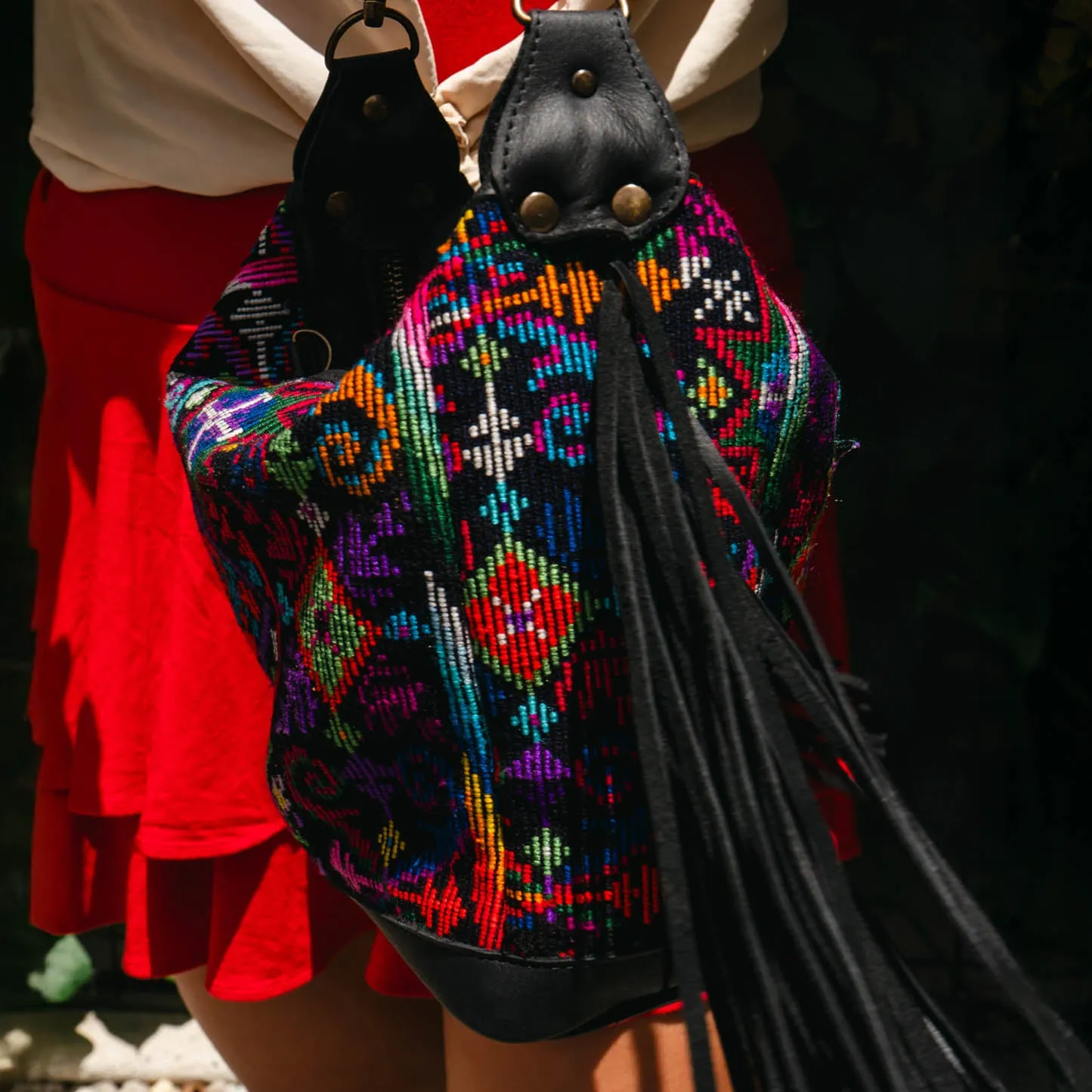 BEATRIZ MINI CDB WITH FRINGE - OOAK HUIPIL - BLACK - NO. 15893