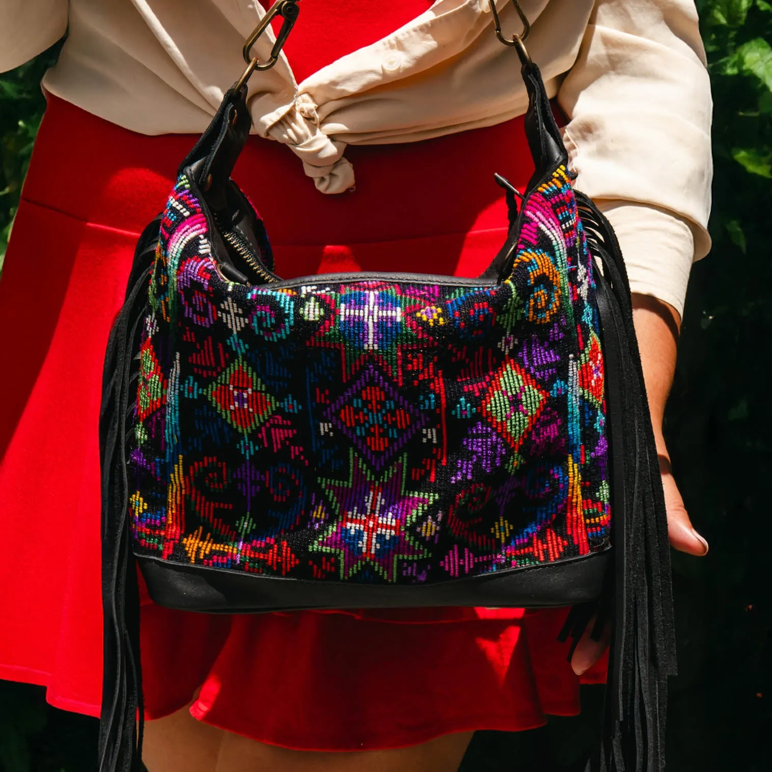 BEATRIZ MINI CDB WITH FRINGE - OOAK HUIPIL - BLACK - NO. 15893