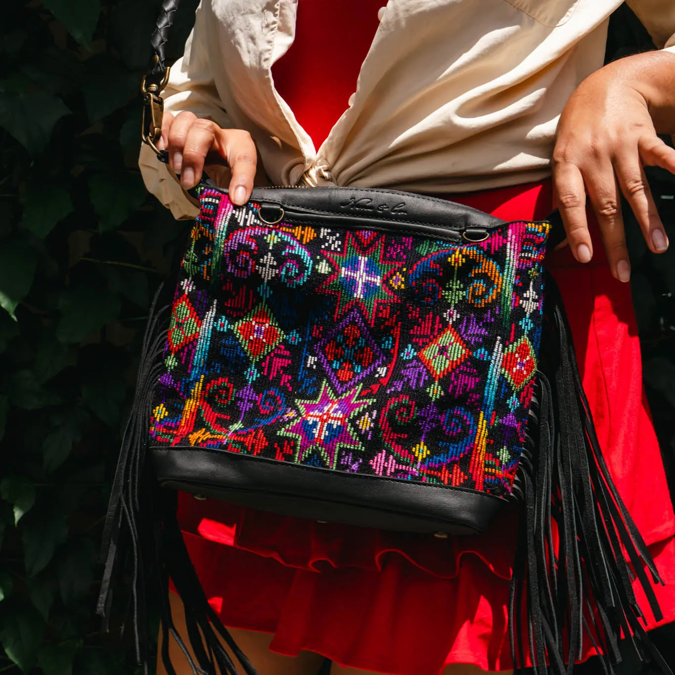 BEATRIZ MINI CDB WITH FRINGE - OOAK HUIPIL - BLACK - NO. 15893