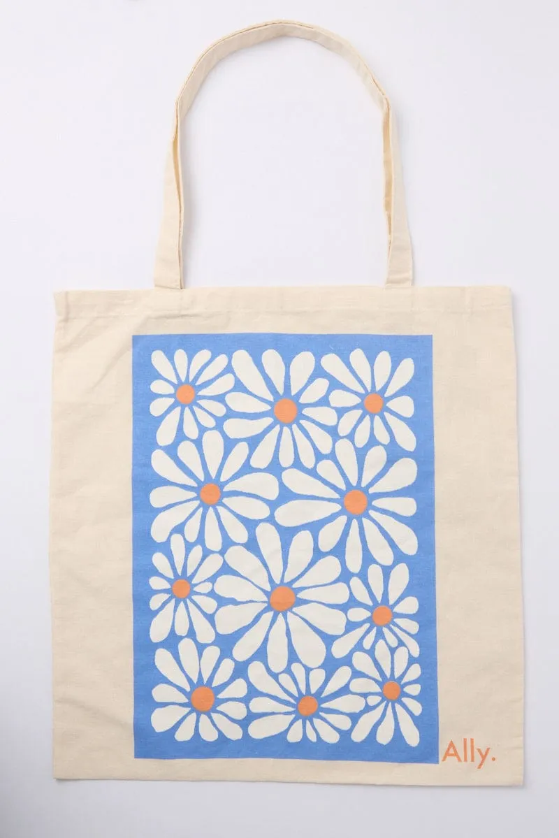 Blue Abstract Tote Bag Printed Cool Daisies