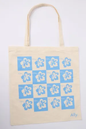 Blue Print Tote Bag Printed Hibiscus Checkered