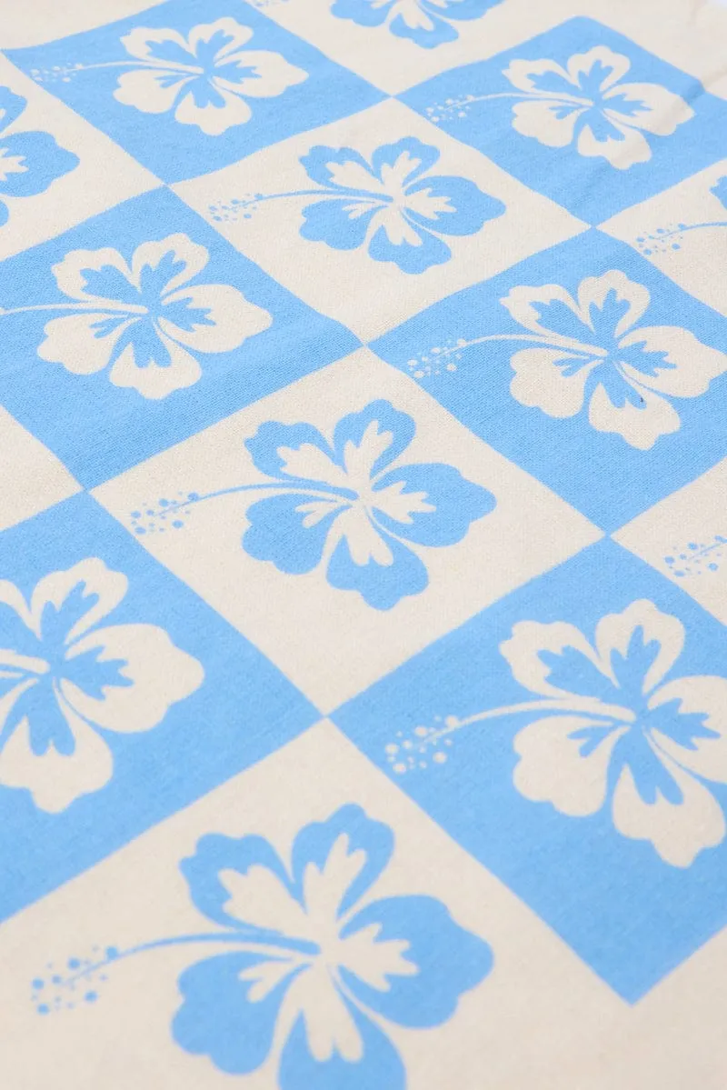 Blue Print Tote Bag Printed Hibiscus Checkered