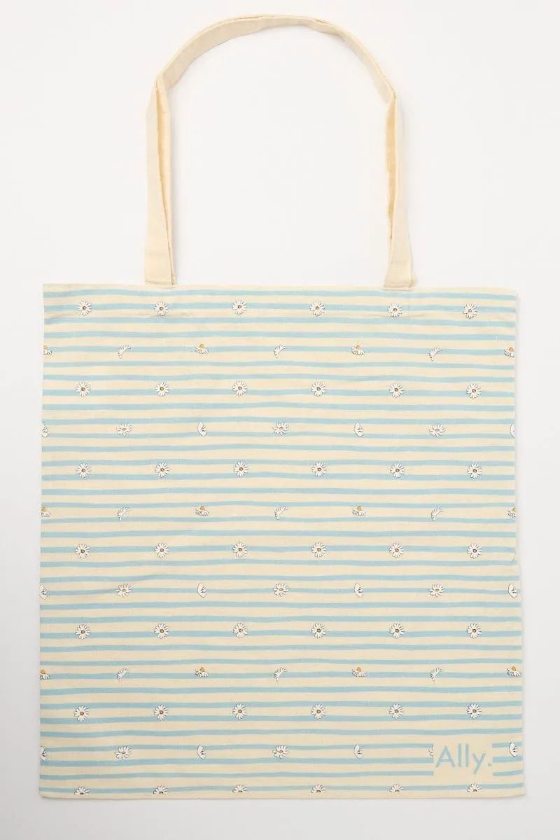 Blue Stripe Tote Bag Printed Daisies