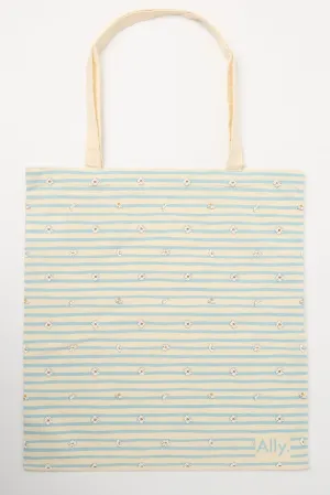 Blue Stripe Tote Bag Printed Daisies