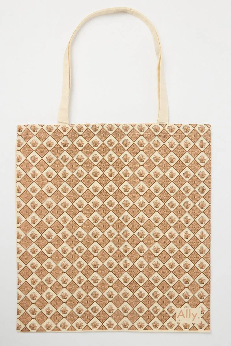 Brown Check Tote Bag Printed Diamond Scallops