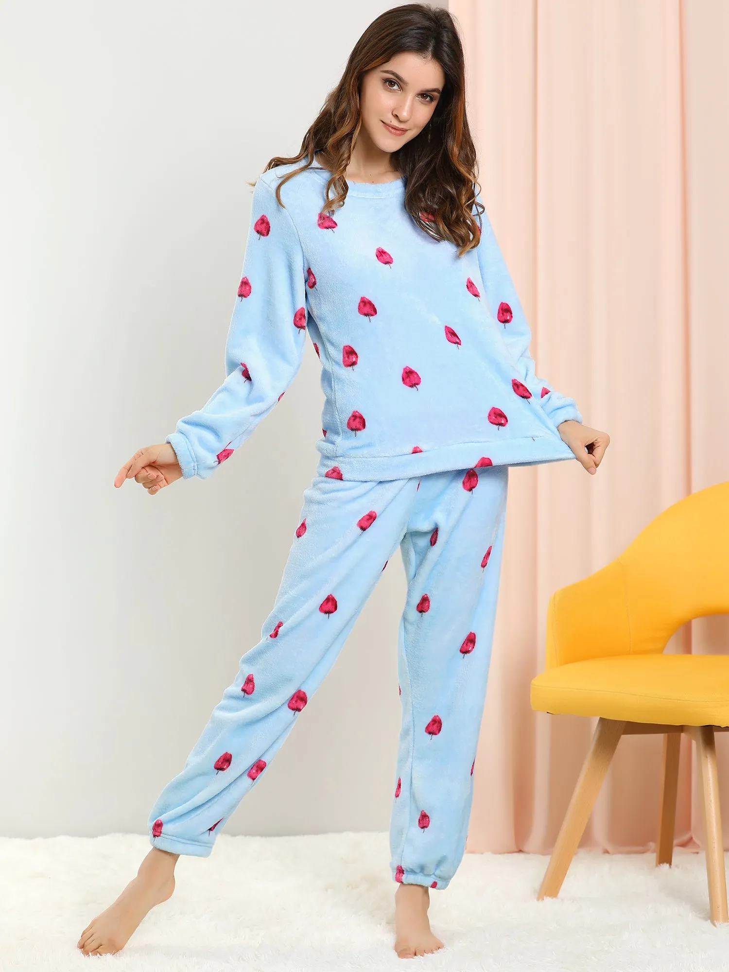 Cute Printed Long Sleeve Nightwear Flannel Pajama Sets Sleepwears