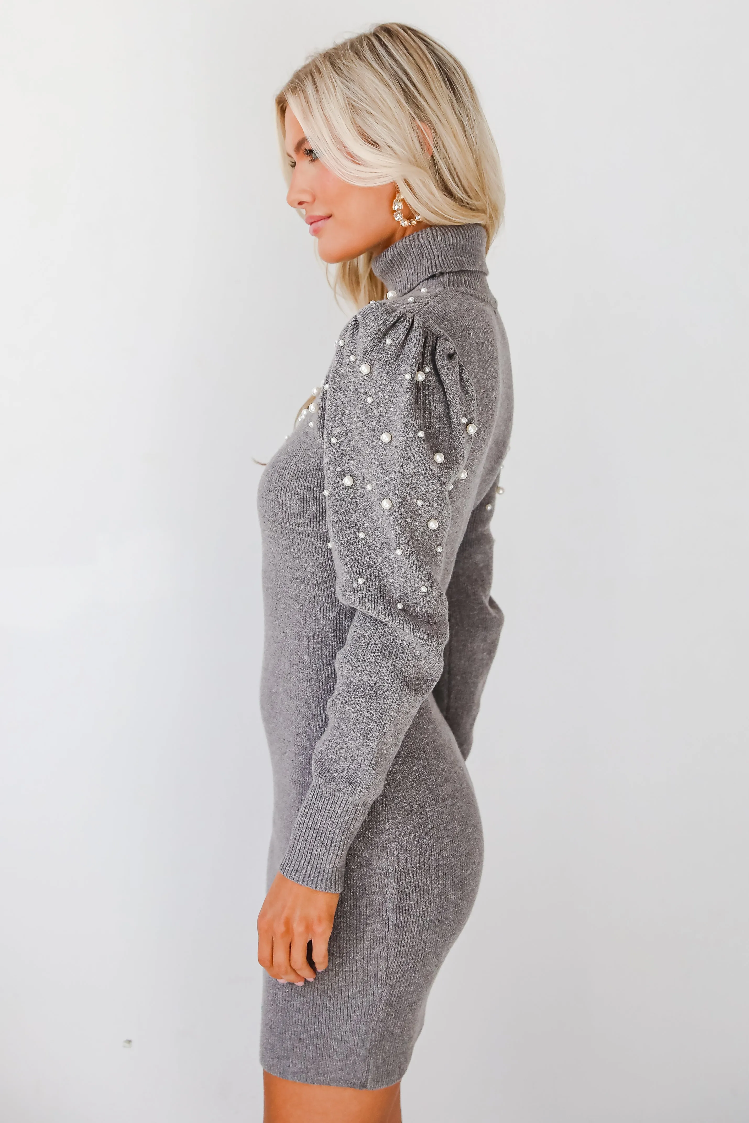FINAL SALE - Ravishing Poise Grey Pearl Mini Sweater Dress