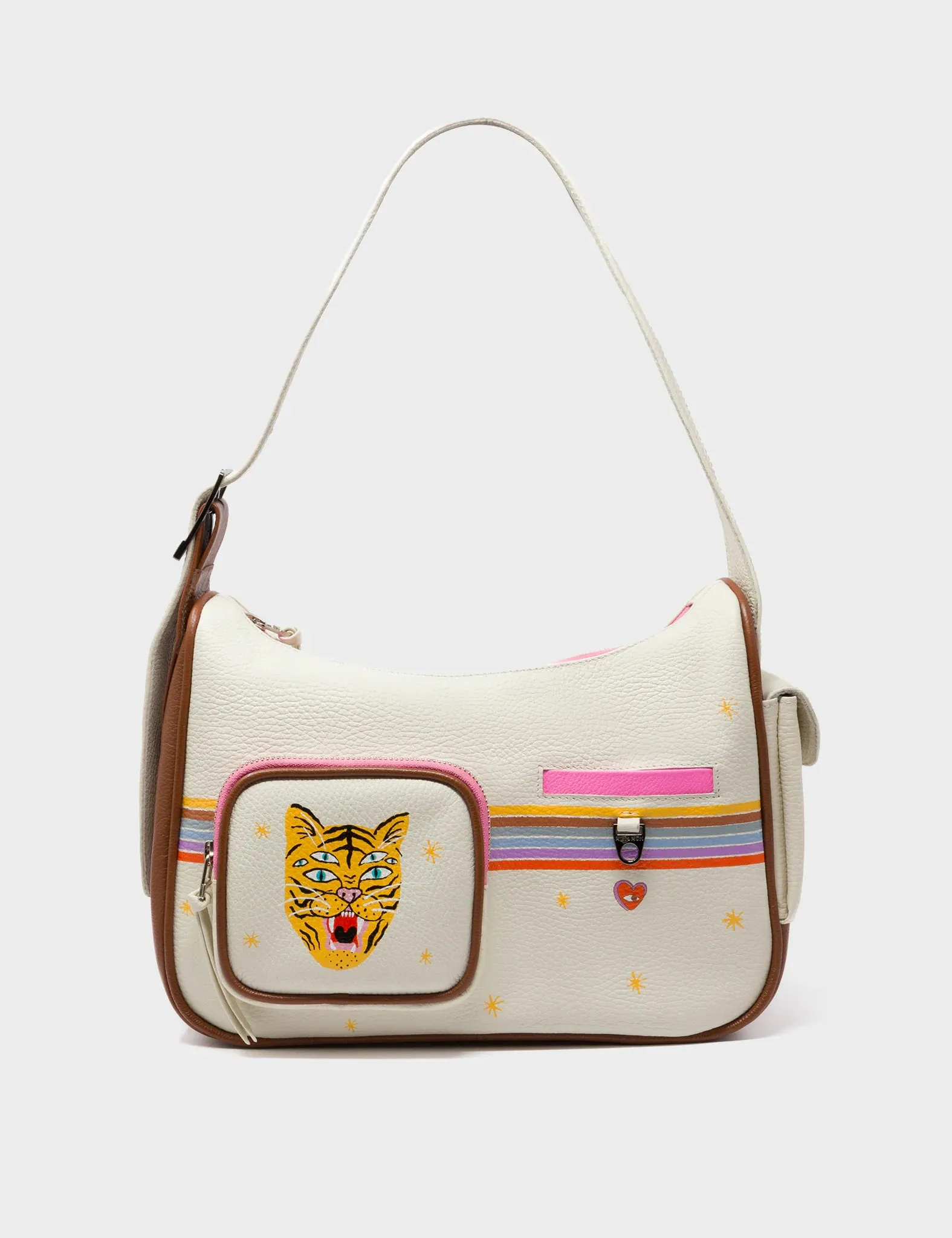 Ilan Cream Leather Hobo With Pocket - Happy Tiger Design
