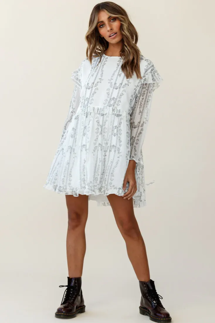 Marion Long Sleeve Shift Dress Vintage Floral Print White