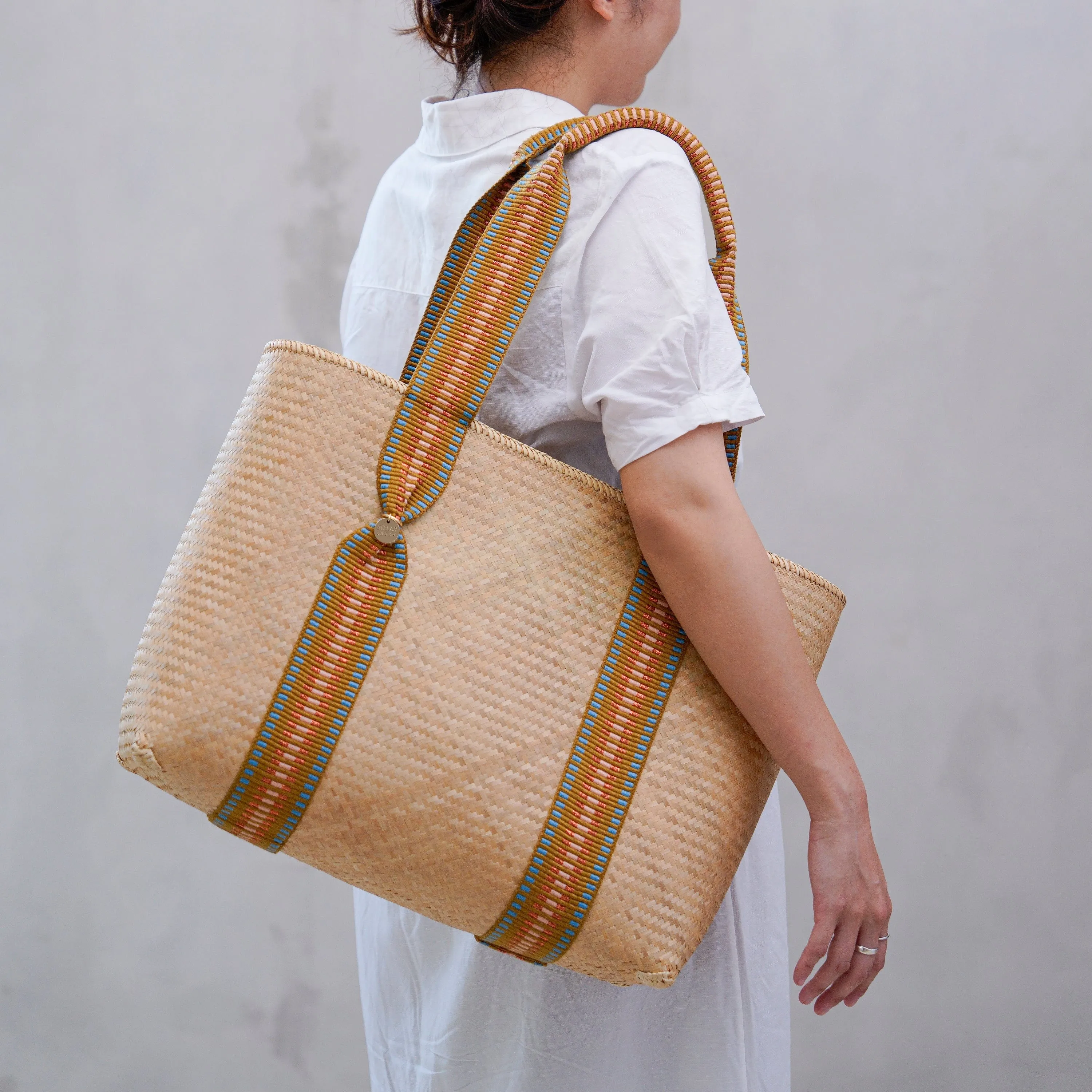 Mentawai Handwoven Bamboo Vegan Medium Tote Bag | Copper Stripe