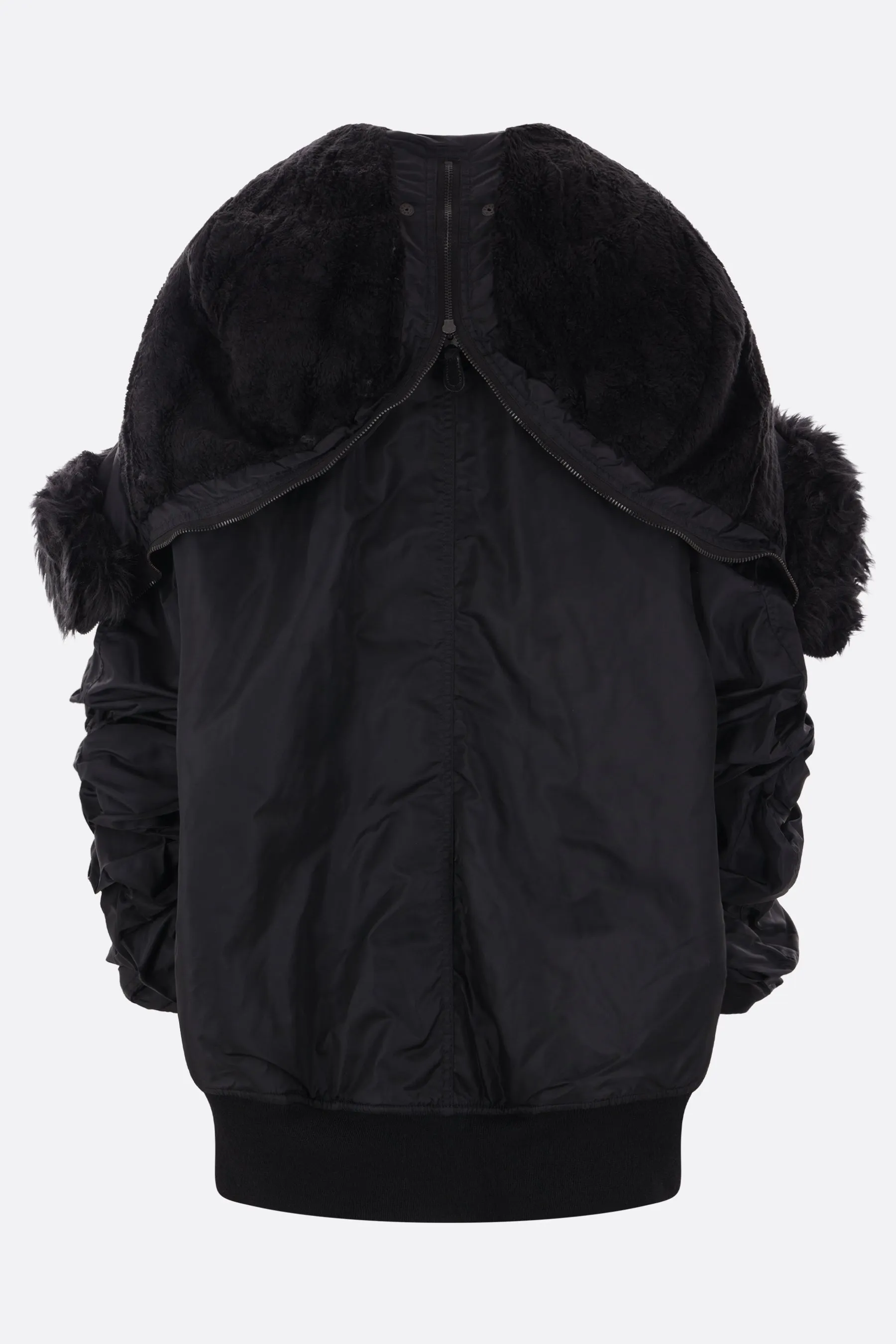 nylon and faux fur oversize bomber jacket