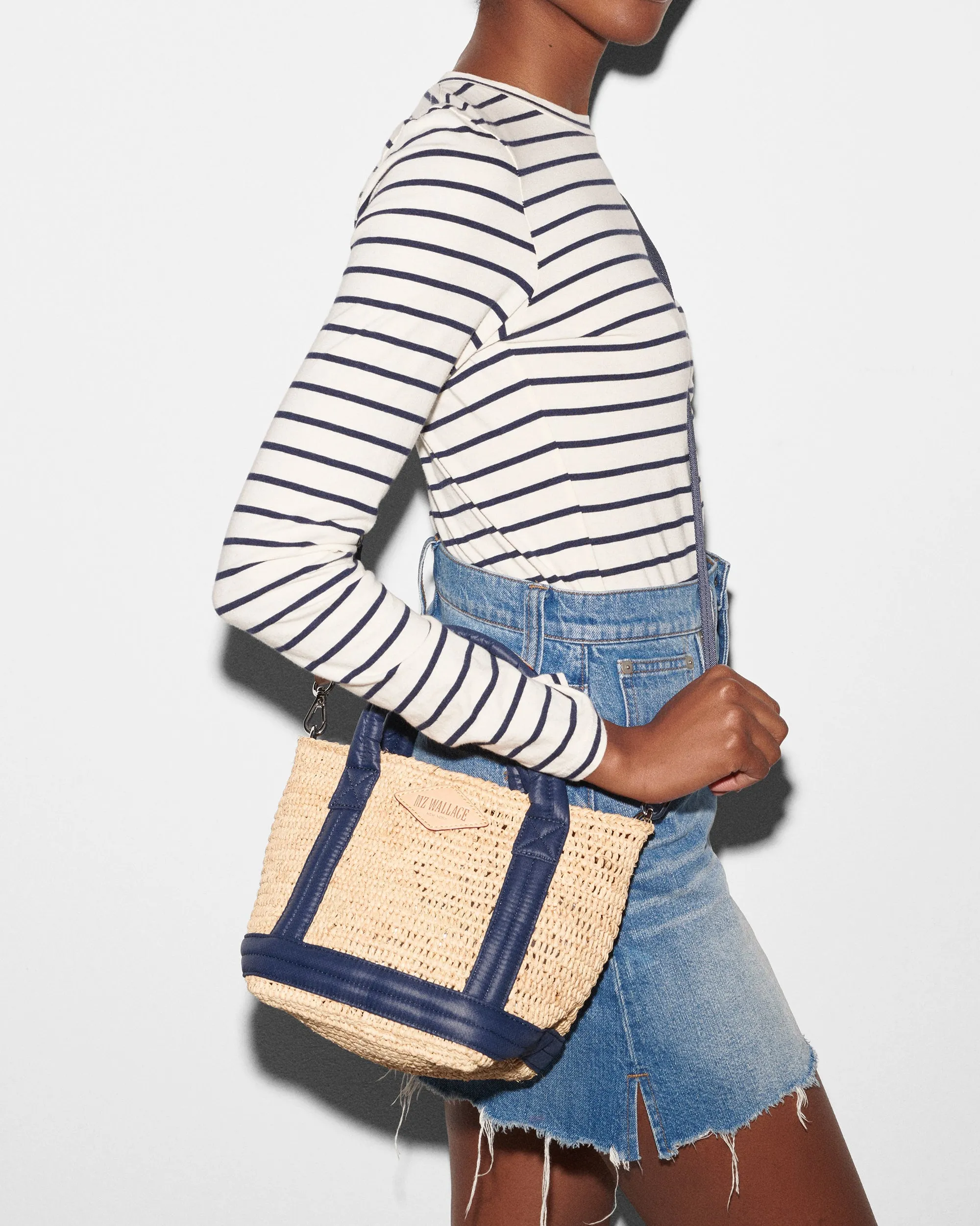 Raffia/Navy Mini Raffia Tote