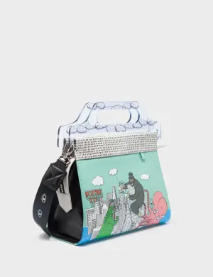 Vali Oceanic Green and Black Leather Crossbody Handbag Plastic Handle - Hairy Harold Print