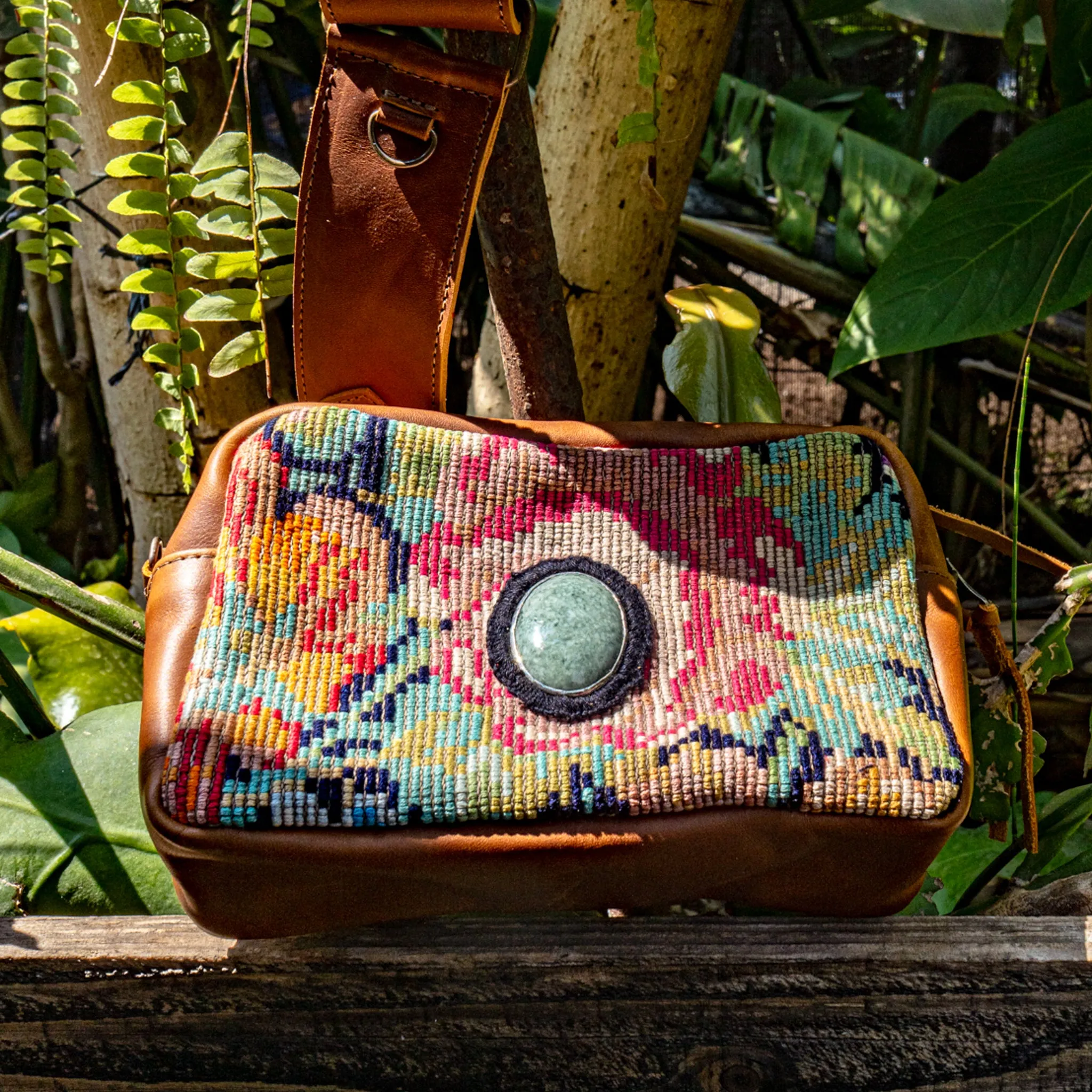 WANDER CROSSBODY BAG   STRAP SET - OOAK HUIPIL WITH JADE - CAFE - NO. 15553