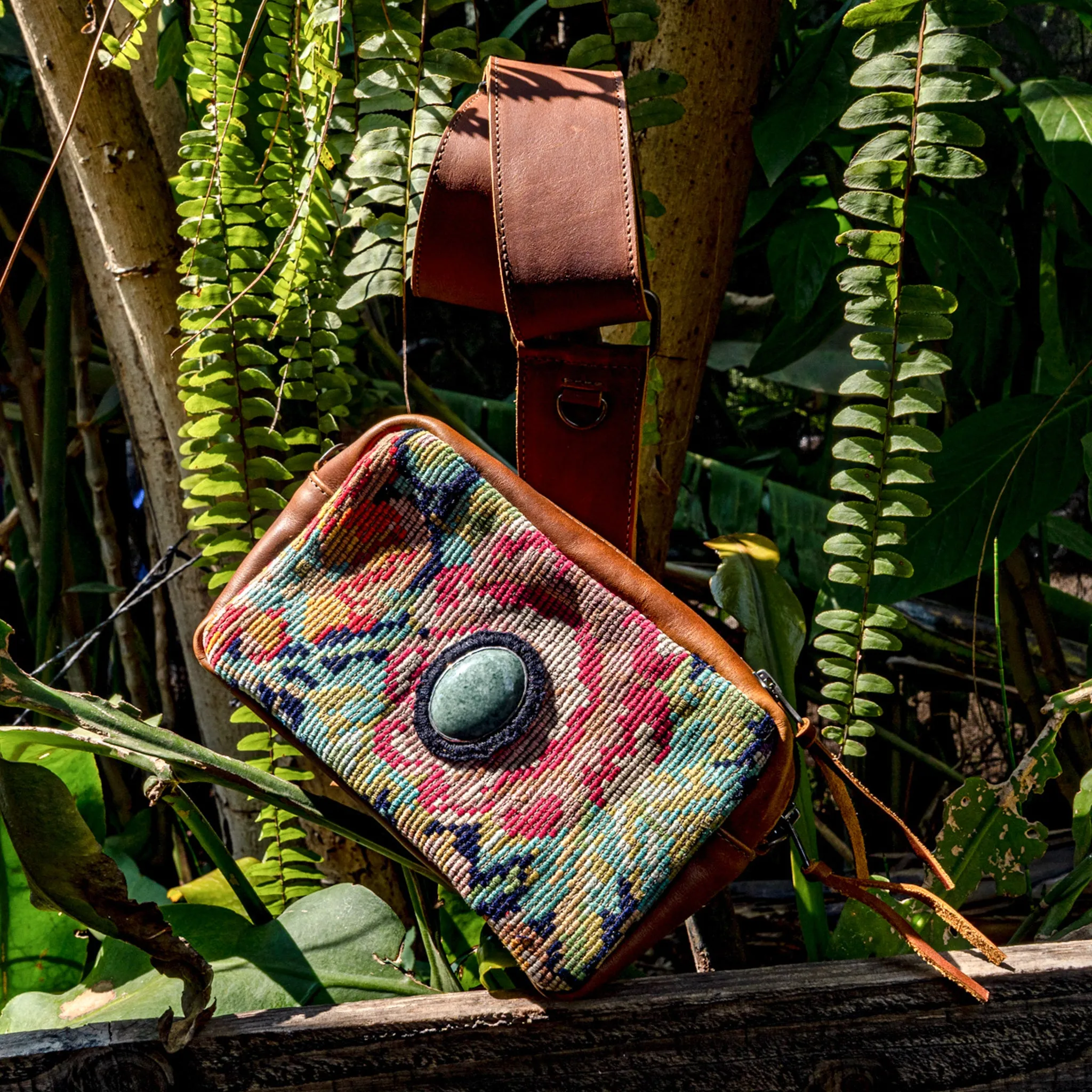 WANDER CROSSBODY BAG   STRAP SET - OOAK HUIPIL WITH JADE - CAFE - NO. 15553