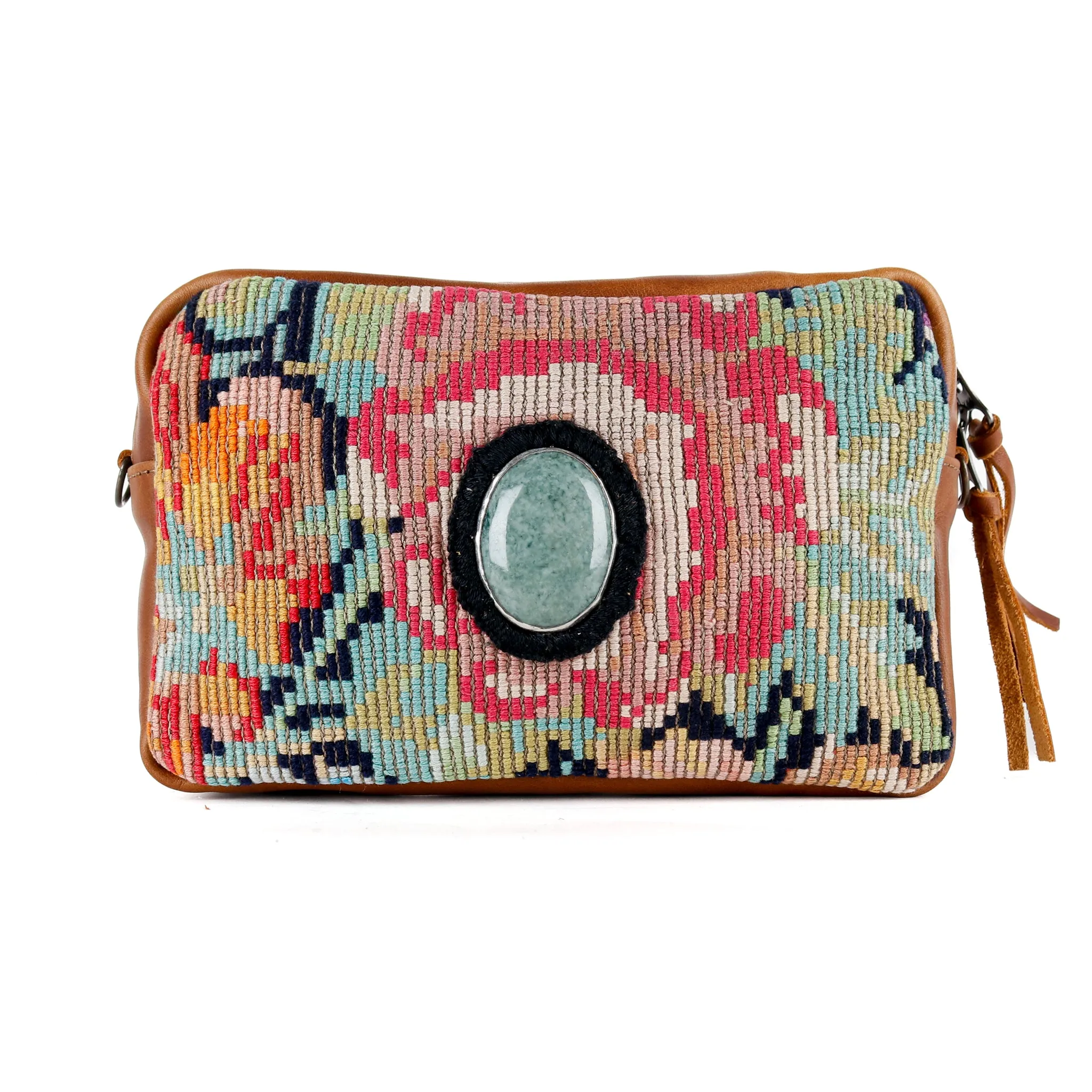 WANDER CROSSBODY BAG   STRAP SET - OOAK HUIPIL WITH JADE - CAFE - NO. 15553