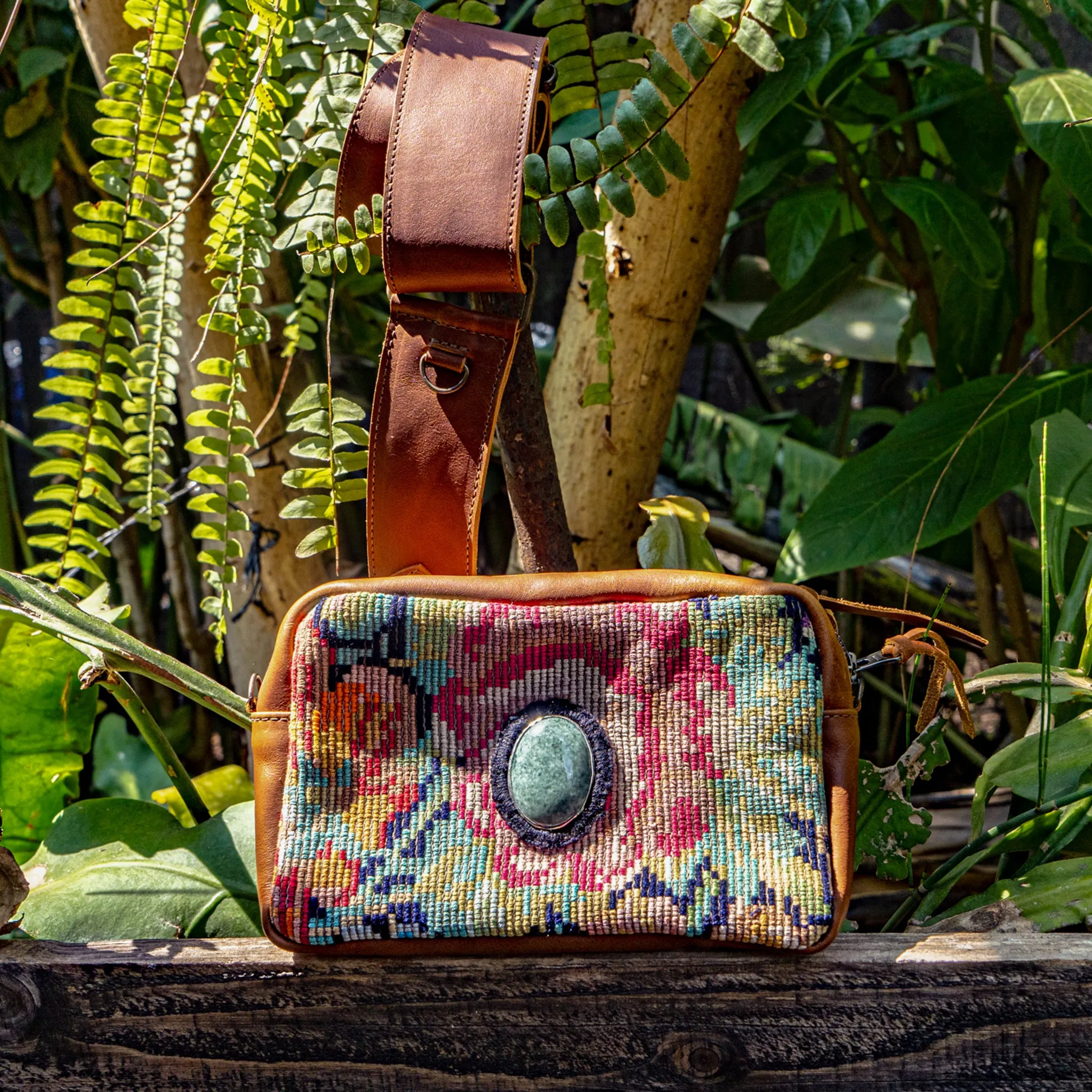 WANDER CROSSBODY BAG   STRAP SET - OOAK HUIPIL WITH JADE - CAFE - NO. 15553