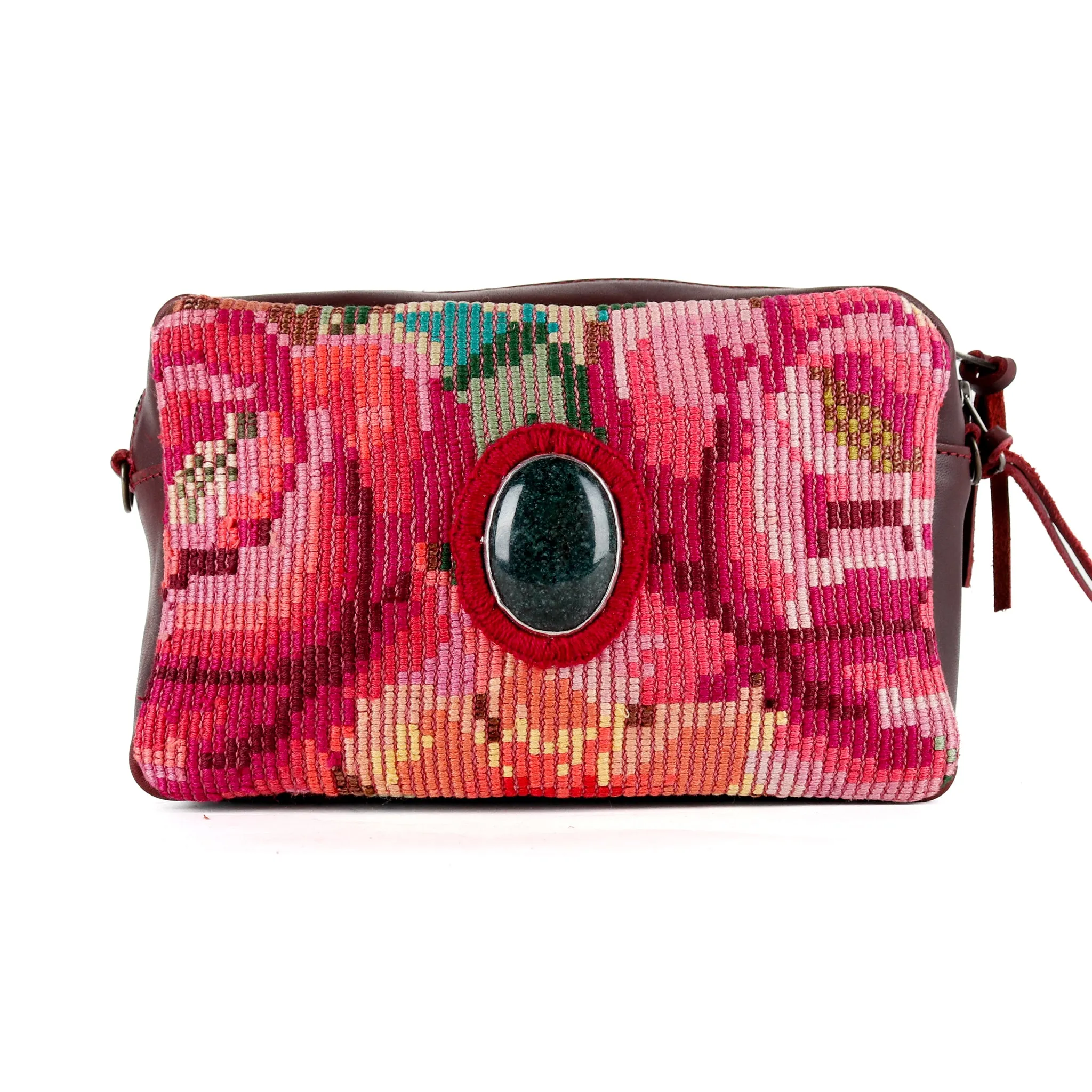 WANDER CROSSBODY BAG   STRAP SET - OOAK HUIPIL WITH JADE - VINO TINTO - NO. 15552