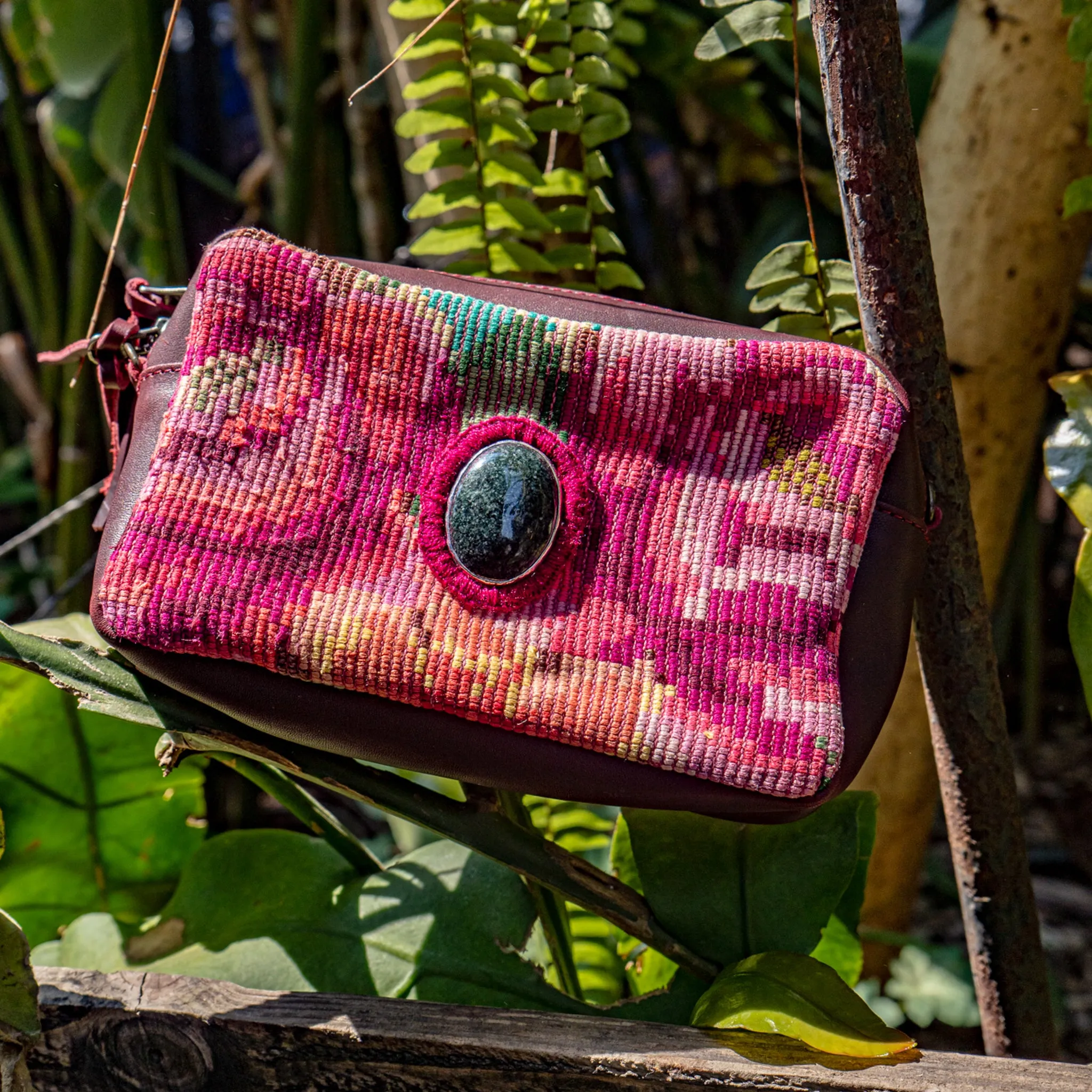 WANDER CROSSBODY BAG   STRAP SET - OOAK HUIPIL WITH JADE - VINO TINTO - NO. 15552