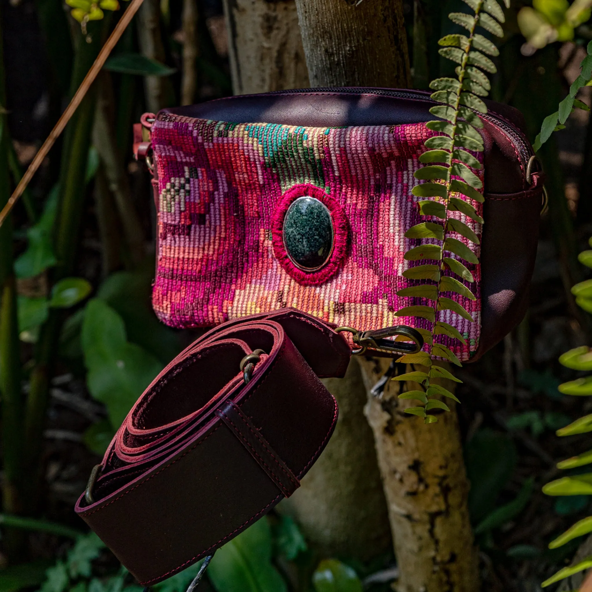 WANDER CROSSBODY BAG   STRAP SET - OOAK HUIPIL WITH JADE - VINO TINTO - NO. 15552
