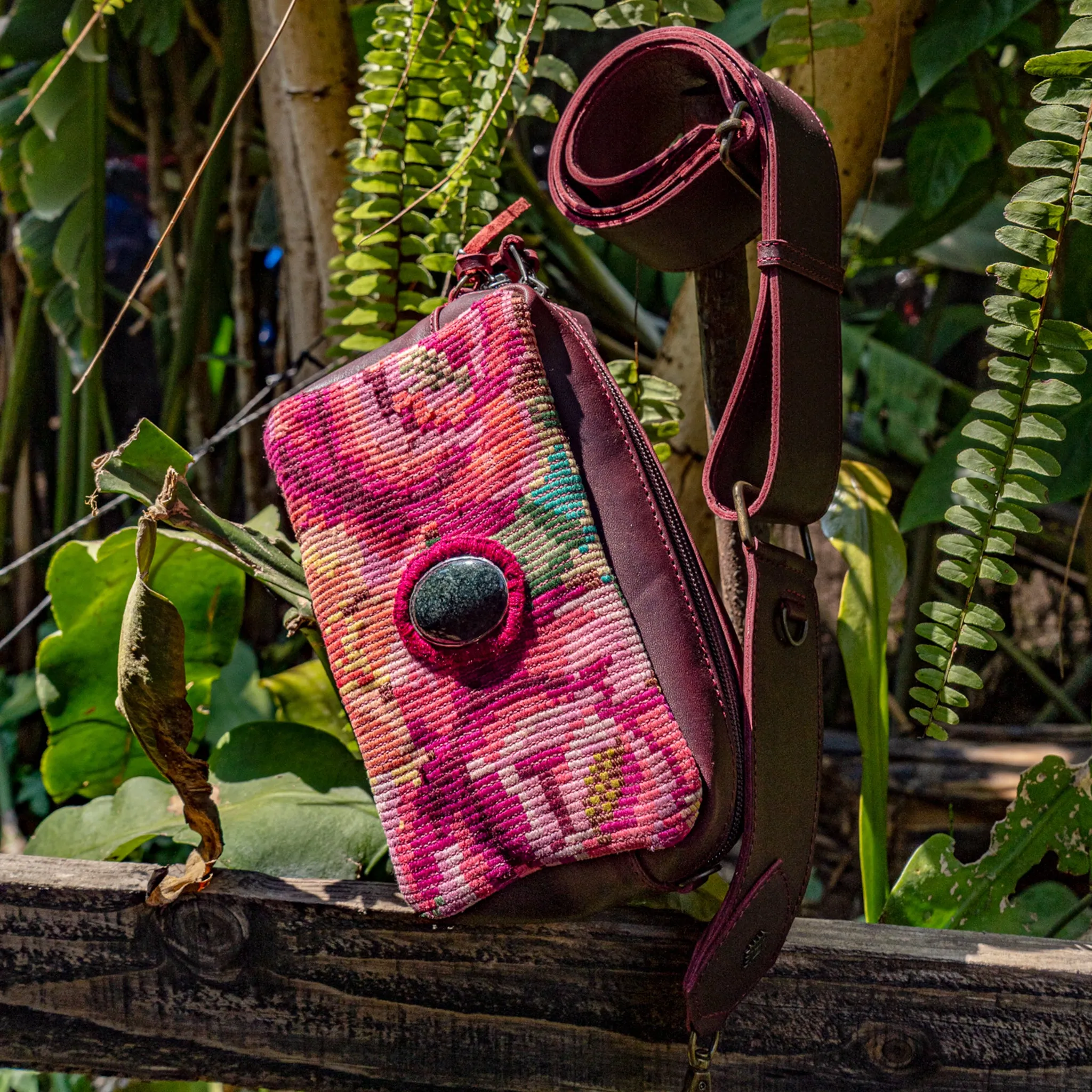 WANDER CROSSBODY BAG   STRAP SET - OOAK HUIPIL WITH JADE - VINO TINTO - NO. 15552
