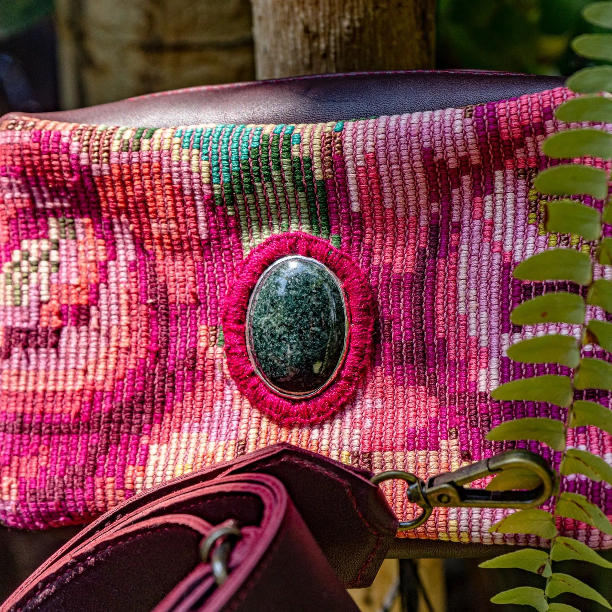 WANDER CROSSBODY BAG   STRAP SET - OOAK HUIPIL WITH JADE - VINO TINTO - NO. 15552
