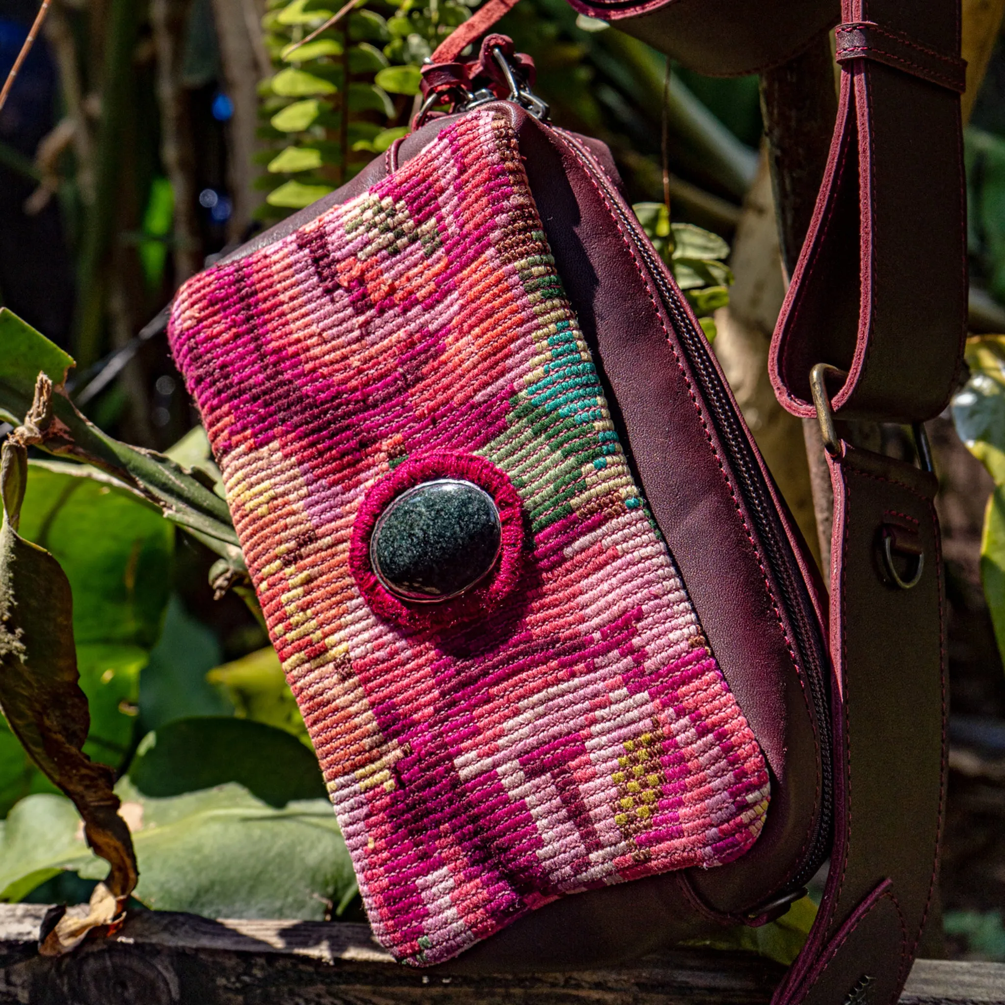 WANDER CROSSBODY BAG   STRAP SET - OOAK HUIPIL WITH JADE - VINO TINTO - NO. 15552