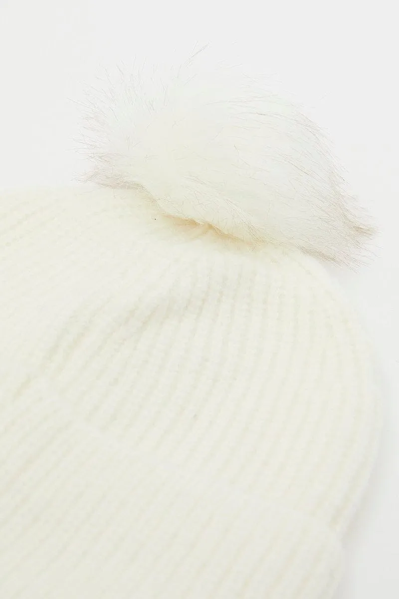 White Faux Fur Pom Pom Beanie