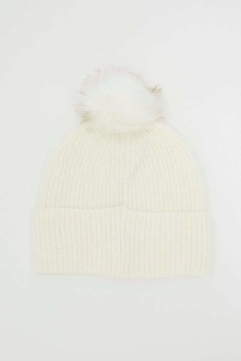 White Faux Fur Pom Pom Beanie
