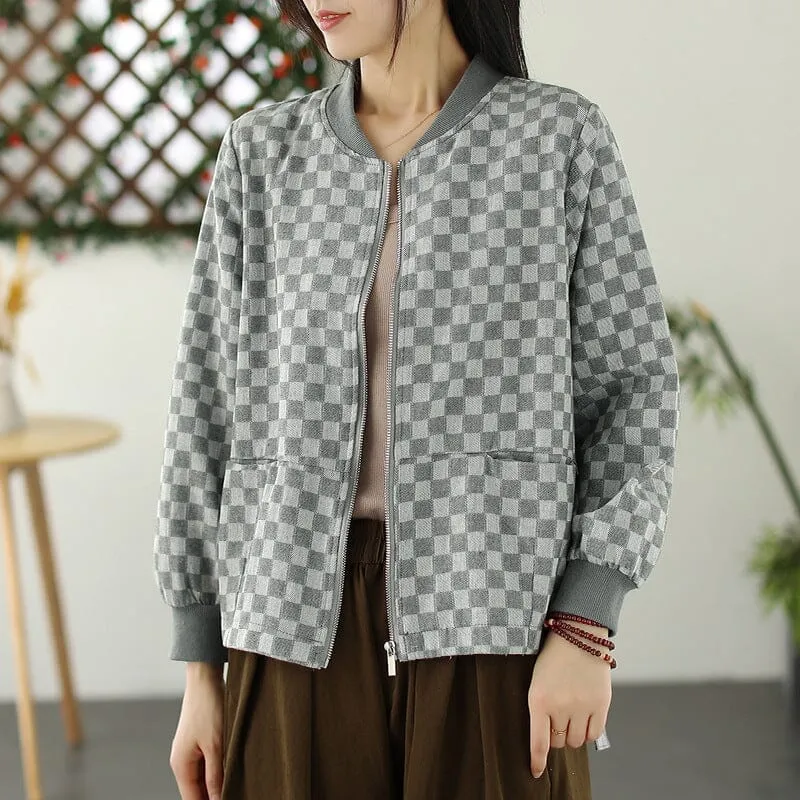 Women Spring Retro Plaid Cotton Jackets