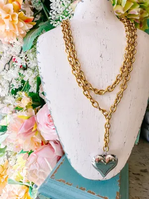 WRAP AROUND PUFF HEART NECKLACE - SILVER/GOLD